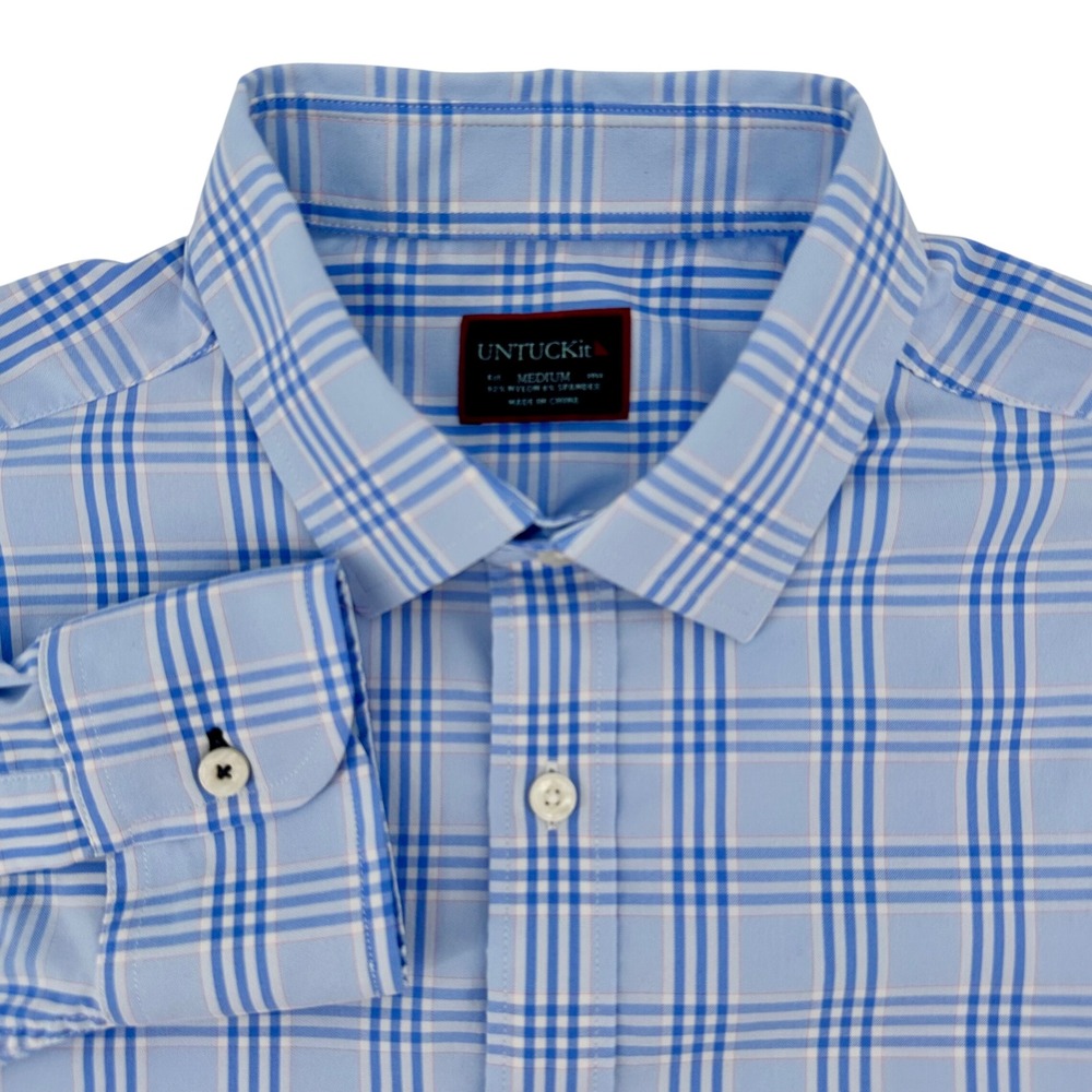 UNTUCKit Mens Medium Blue Plaid Performance Stretch Nylon Button Down Shirt